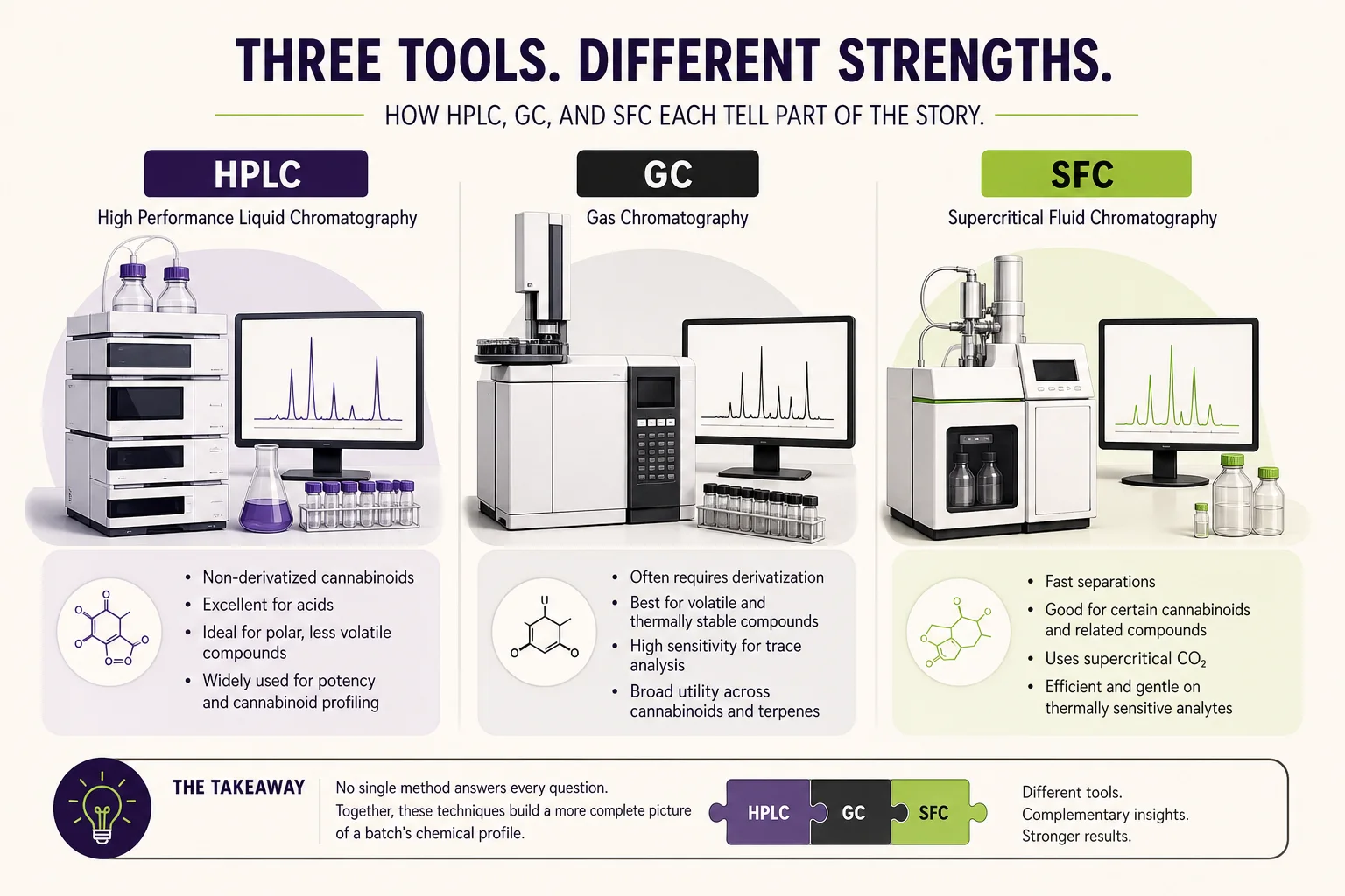 Composite diagram showing different chromatographic methods (HPLC, GC, SFC) as separate lanes, annotated with strengths/limits for cannabinoids and volatiles.