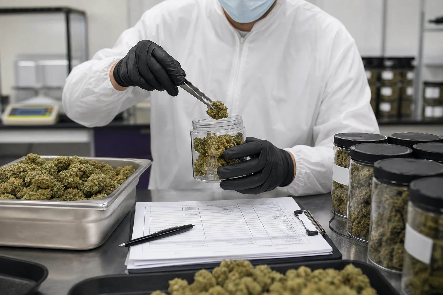 Photograph of a laboratory technician taking a composite sample of cannabis flower into a labeled sample jar — close-up on gloved hands and a sampling plan sheet.
