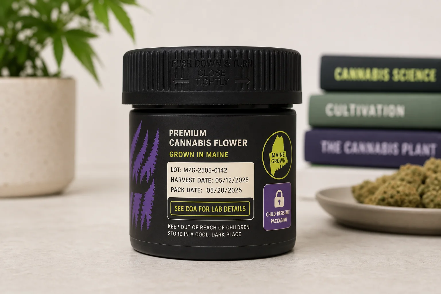 Photograph of a compliant cannabis product label and child-resistant packaging with visible lot number and harvest date (legible text only for lot/harvest, no lab values).