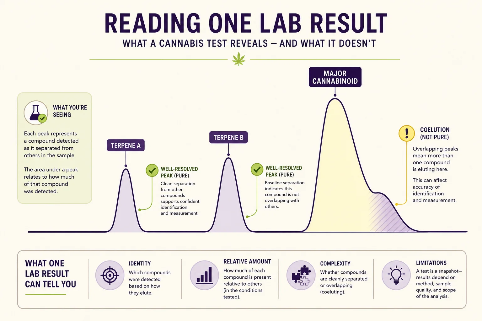 Explanatory diagram of a simplified GC/MS chromatogram showing labelled peaks for terpenes and cannabinoids without axes or numeric labels.
