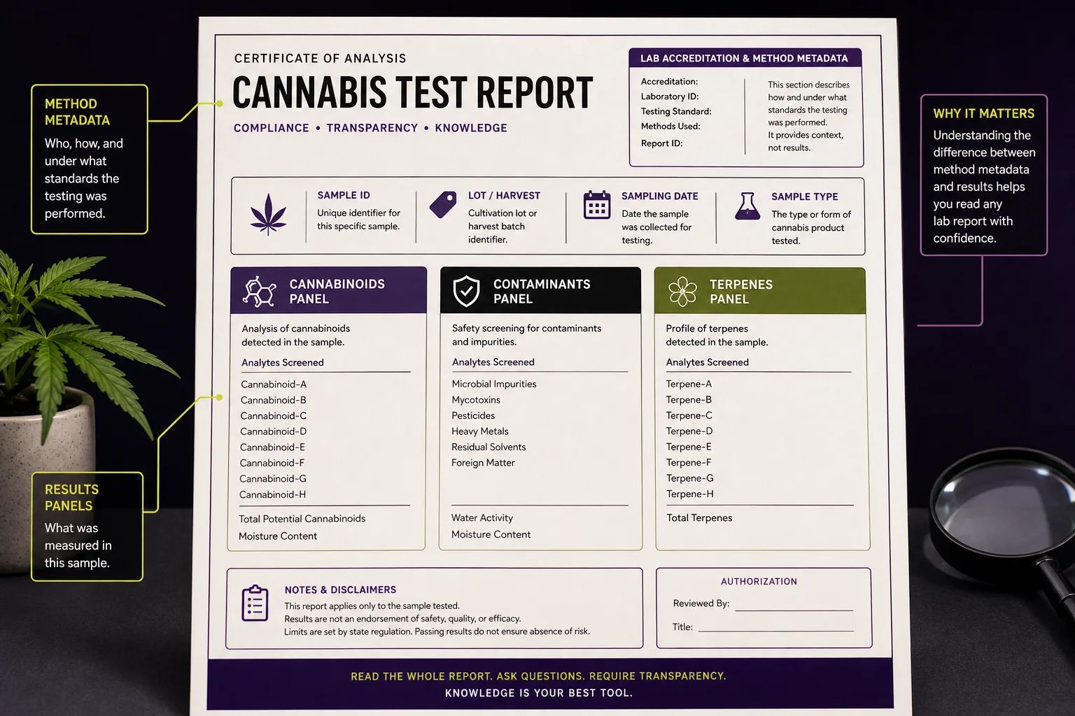 Annotated, redacted Certificate of Analysis layout showing labeled sections: sample ID, lot number, date, cannabinoid panel, contaminants panel, lab accreditation block — no numeric values.