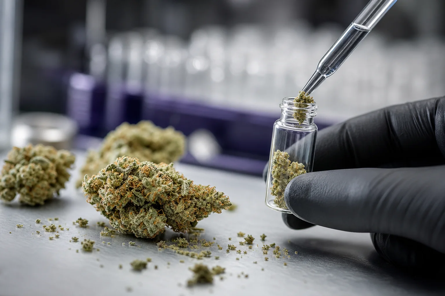 Macro botanical photo of a dried cannabis flower next to a pipette depositing a small sample into a testing vial.