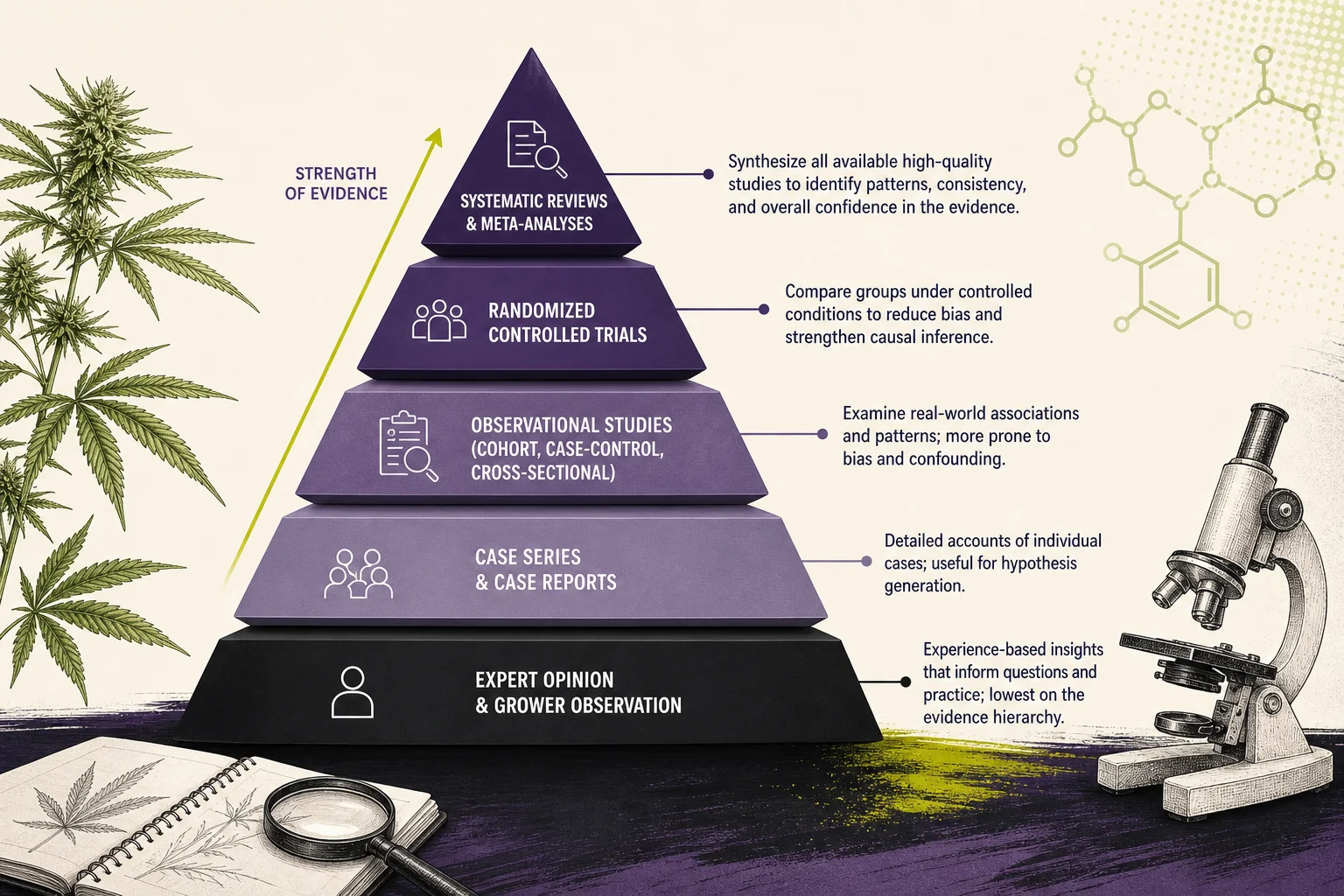 Annotated figure summarizing evidence levels: systematic review at top, small RCTs below, observational notes and grower observations at bottom.