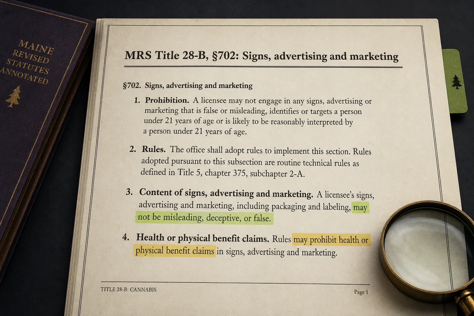Annotated excerpt of Maine statute text about advertising restrictions