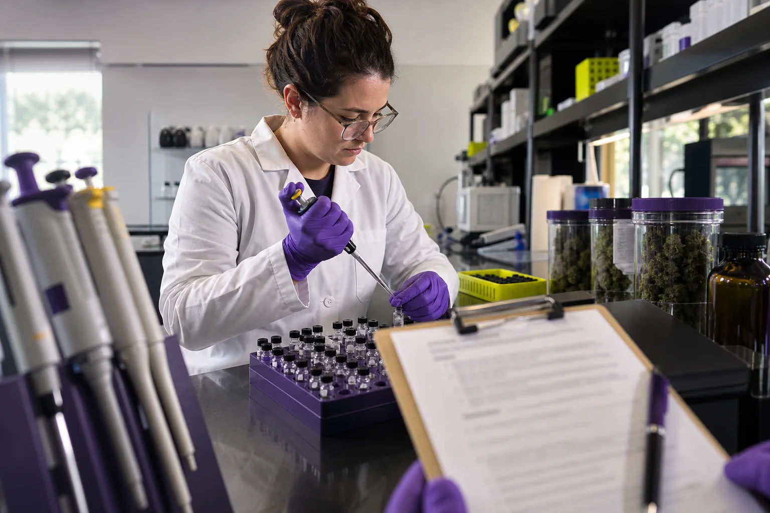 Photograph of a lab technician preparing samples with QA documentation visible