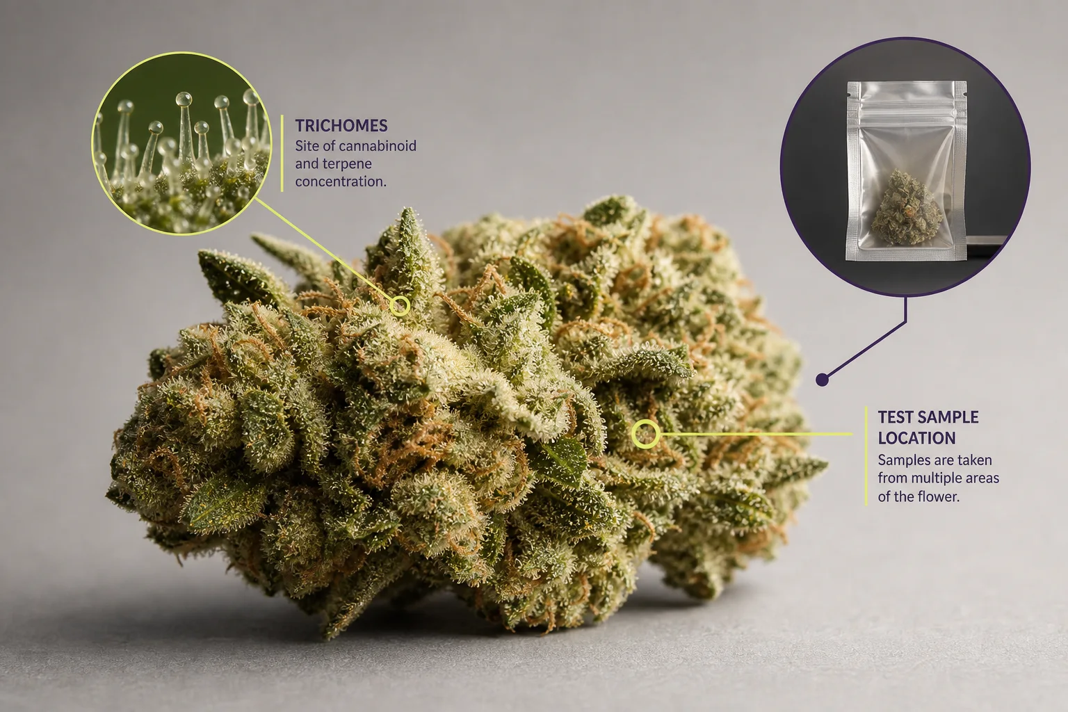 Macro botanical image of a cannabis flower with annotated callouts showing where terpenes and cannabinoids are sampled for lab tests.
