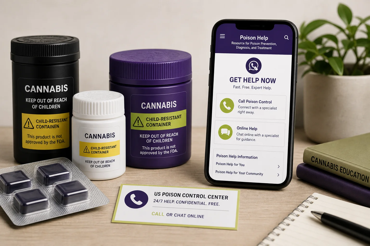 Public-health advisory-style image of child-resistant packaging examples next to a phone showing the Poison Control number.