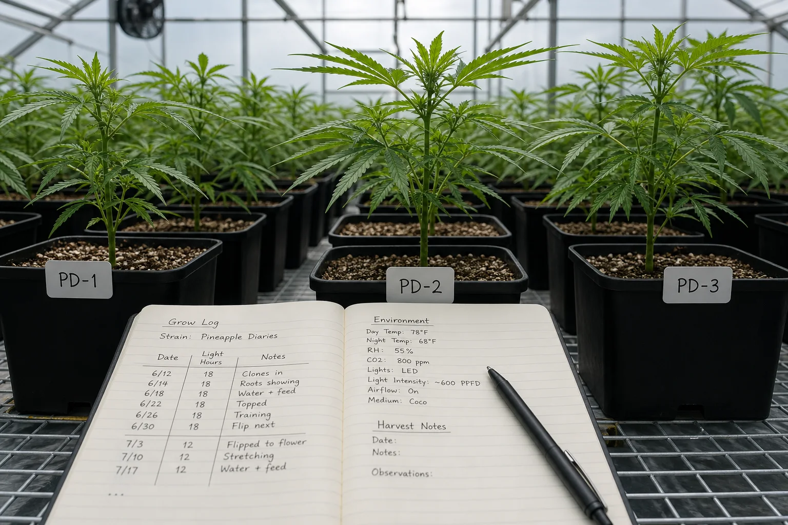 Side-by-side: a greenhouse rack with labeled clones and a handwritten grow log sheet.