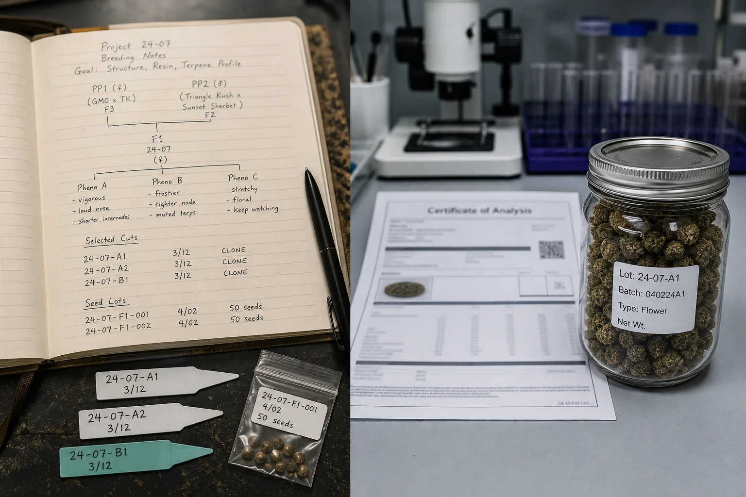 Split image: left shows breeder pedigree notes and seed packets; right shows a laboratory COA and flower with a visible lot tag.