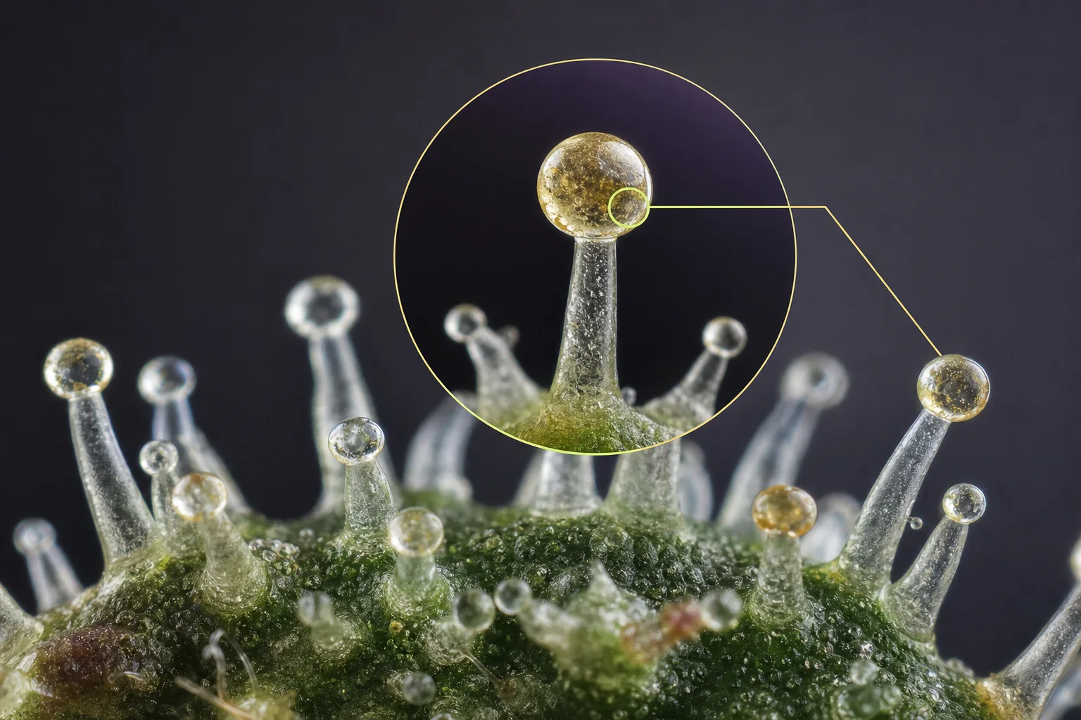 Microscopic view of trichomes on cannabis flower with annotated terpene gland heads.