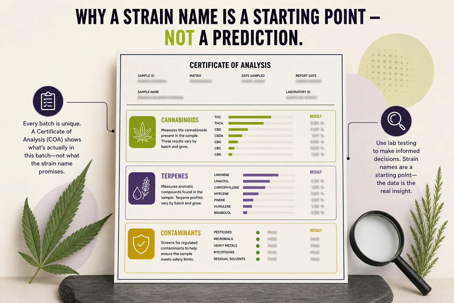 Example COA excerpt (visual only) showing section headings: cannabinoids, terpenes, contaminants — numeric values blurred.