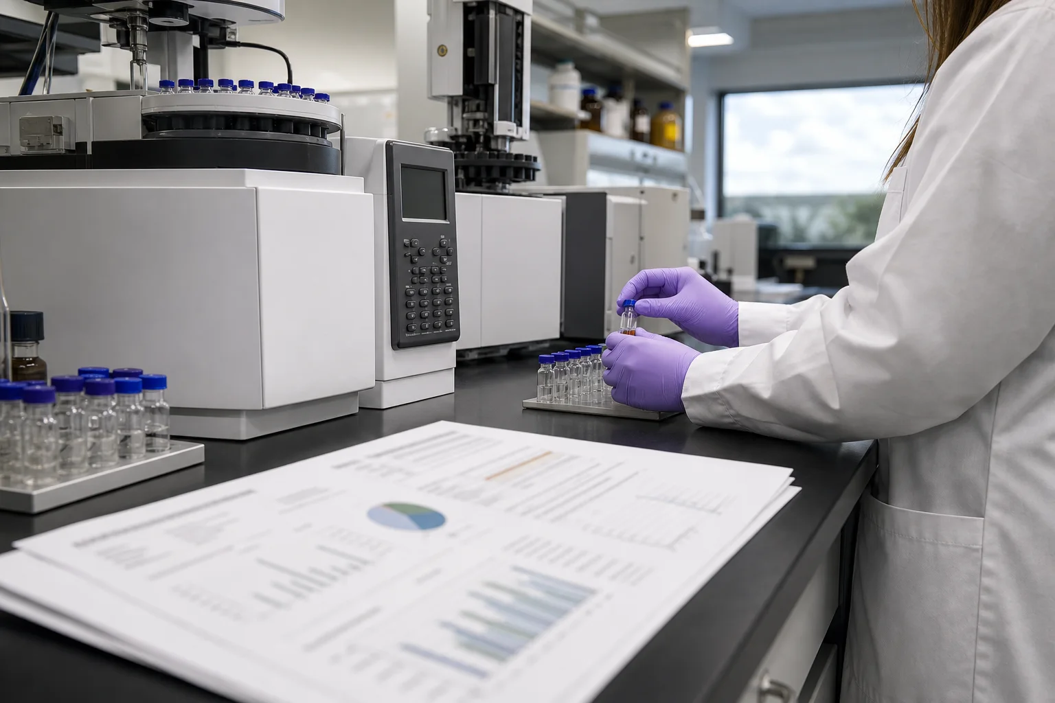 Photograph of a laboratory bench with chromatography equipment and a labeled Certificate of Analysis (COA) sample sheet (blurred numbers)
