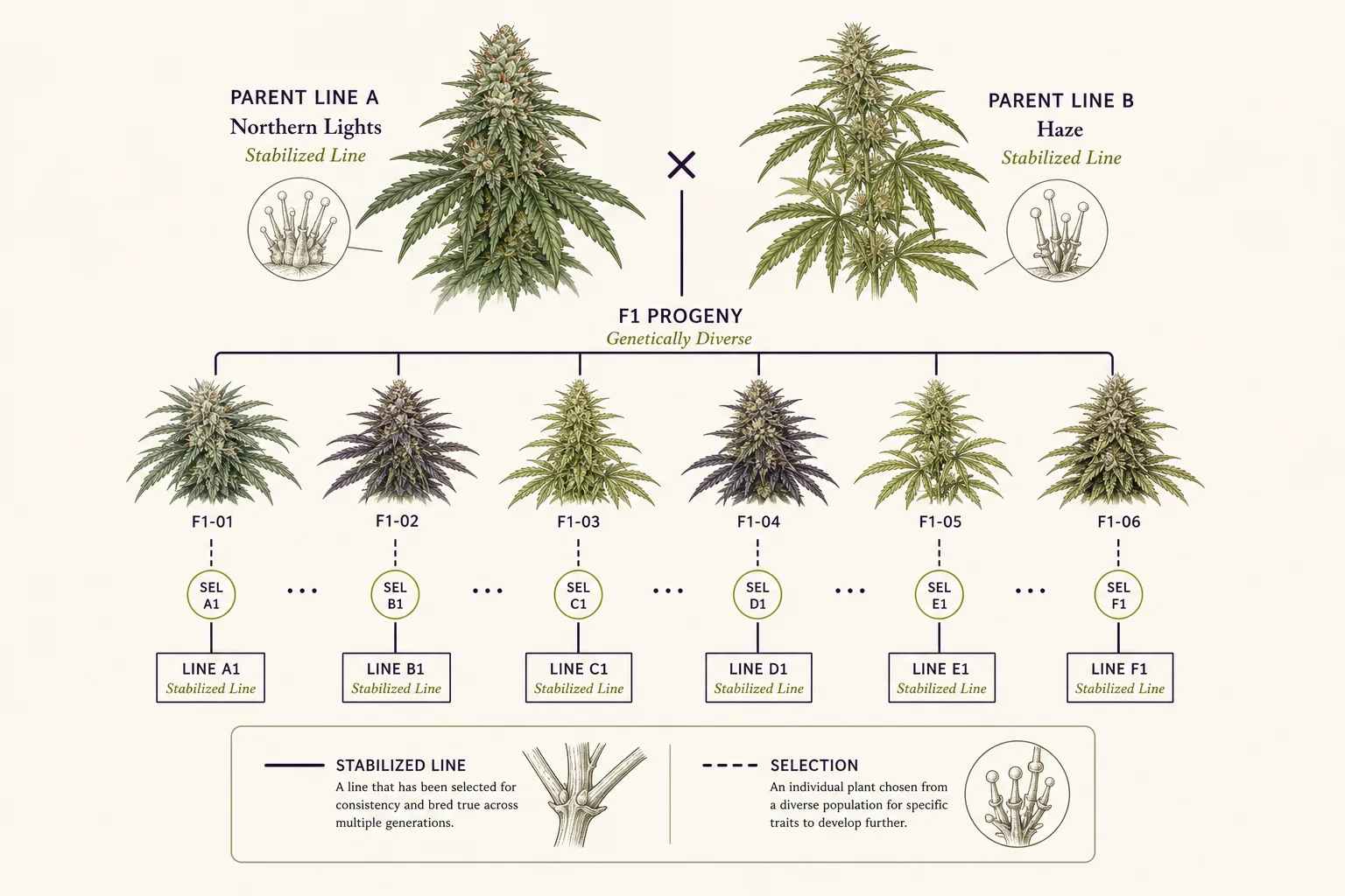 Illustrated pedigree diagram of a cannabis cross showing breeder lineage and possible phenotype branches
