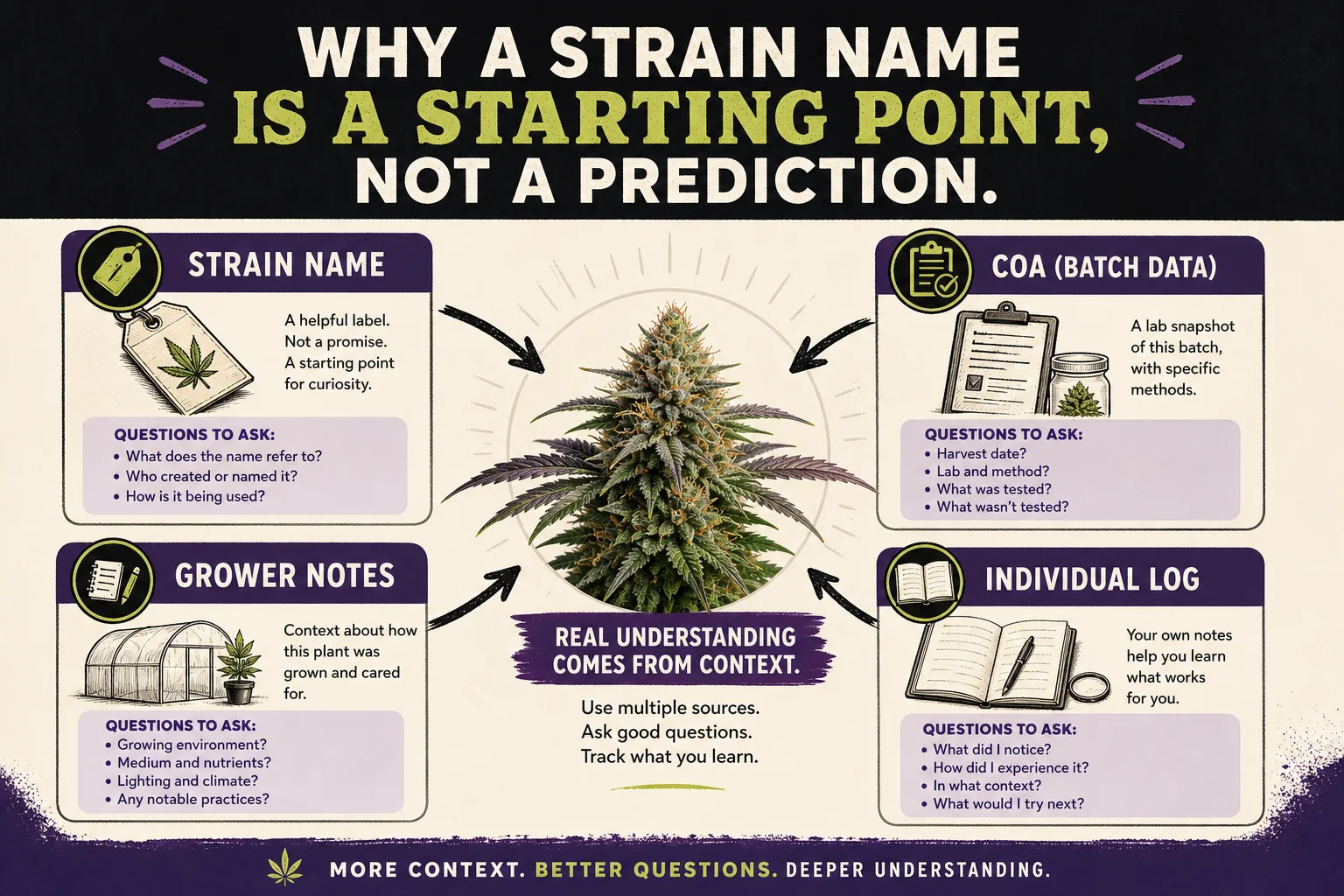 Side-by-side explanatory infographic showing 'Name', 'COA (batch)', 'Grower notes', and 'Individual log' with arrows indicating how they combine to form understanding