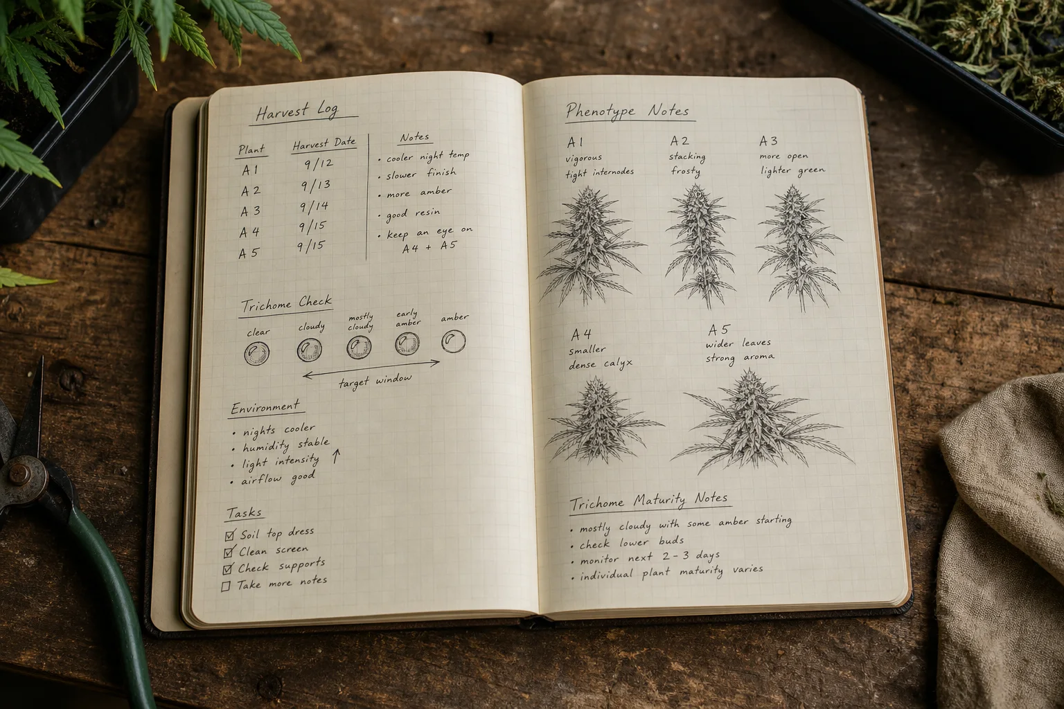 Field journal page photo showing harvest date, phenotype notes, and trichome-sketch for two different plants of the same named strain