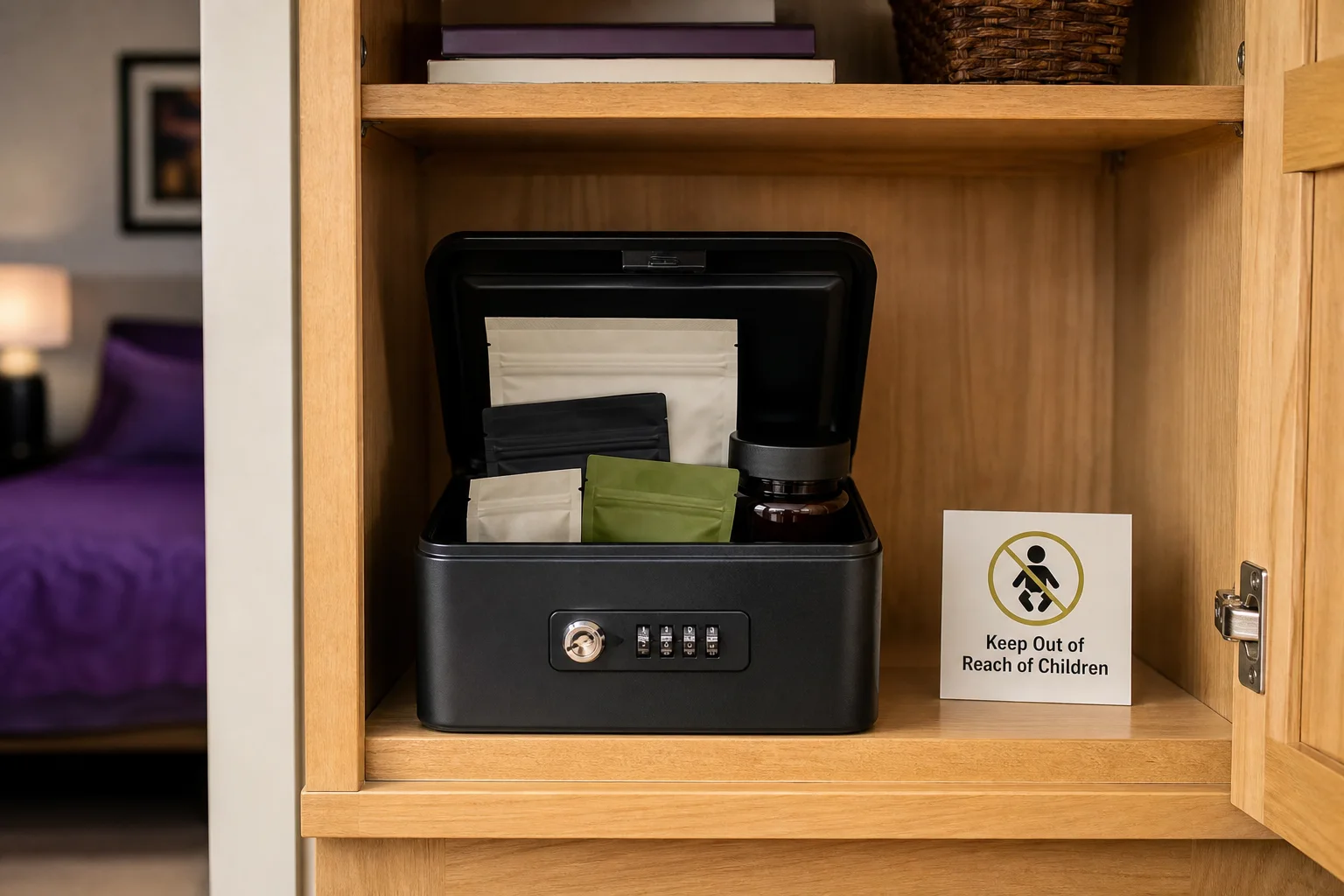 Photo of a locked storage box used for medications and cannabis products, with childproof signage nearby, in a home setting.