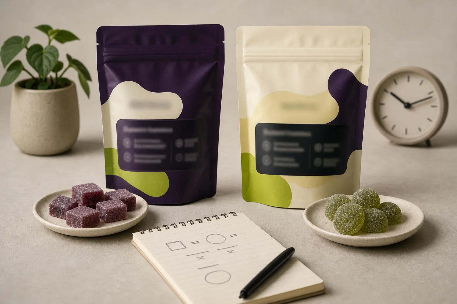 Close-up, staged photo of two edible packaging examples side-by-side: one shows 'servings per package' (blurred numbers) and the other shows total-package lab batch identifier (also blurred).