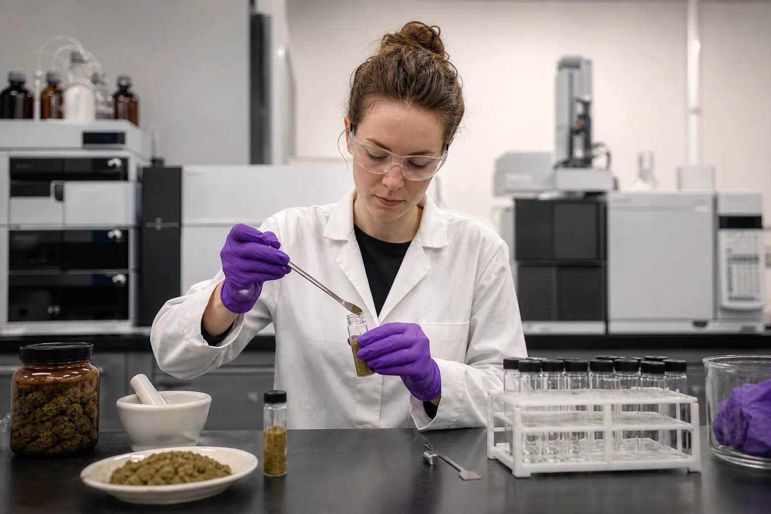 Laboratory-style photo of a specimen being prepared for potency testing on a bench (vial, homogenizing tools), instrument background slightly out of focus.