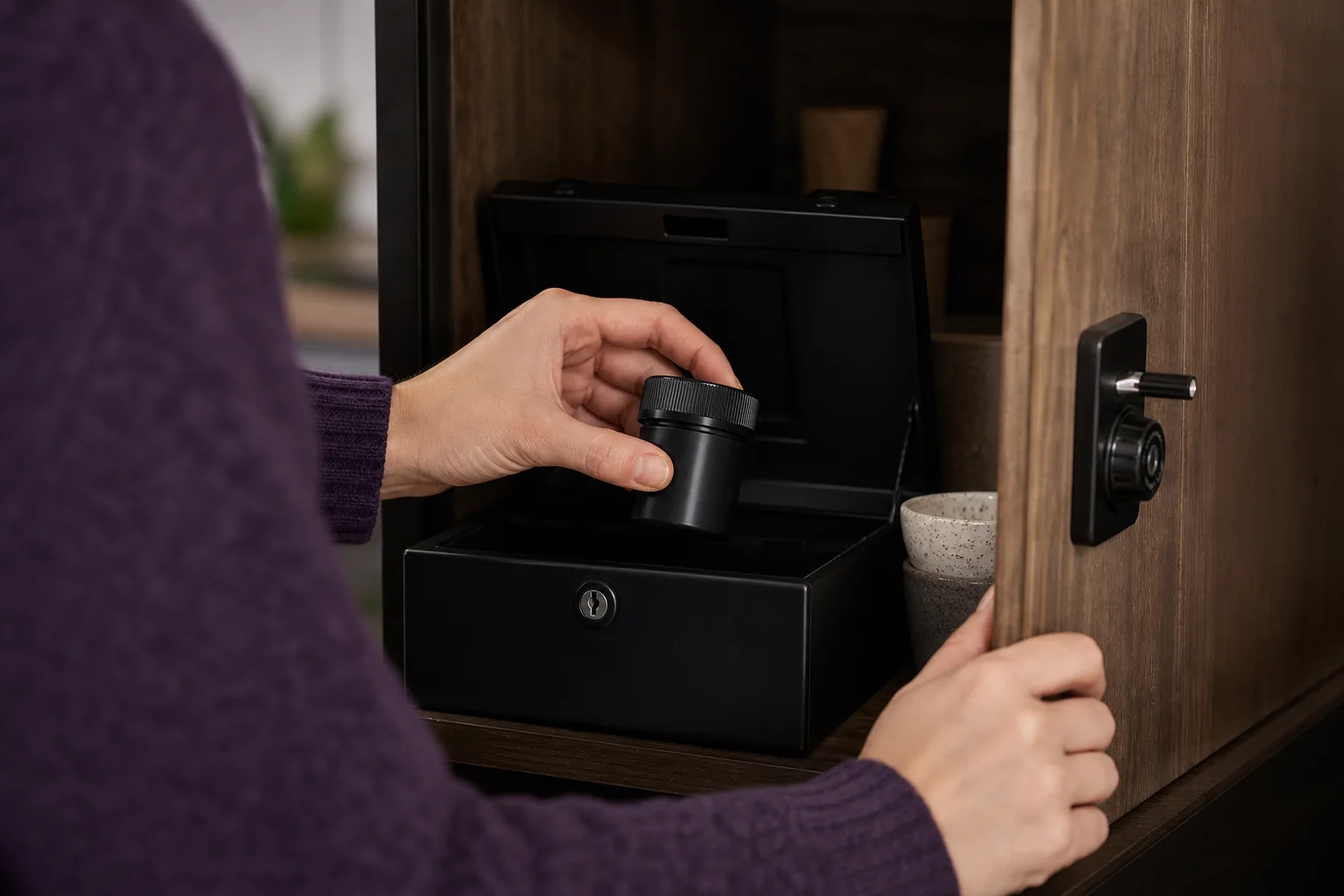 Photograph of a family locking away a small container in a kitchen cabinet (safe storage demonstration)
