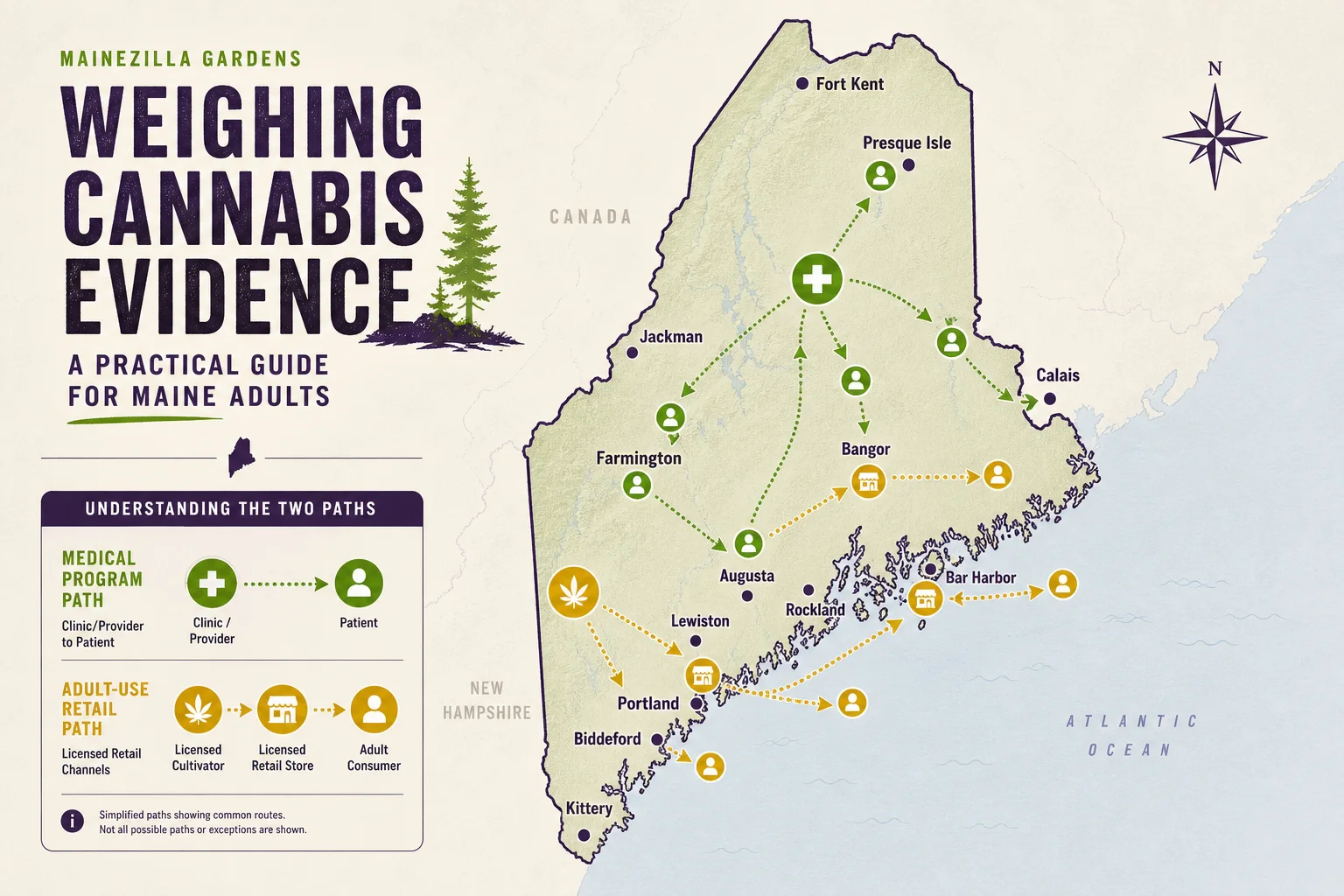 Map of Maine showing separate medical and adult-use program supply streams with labeled icons (dispensary vs. medical caregiver)