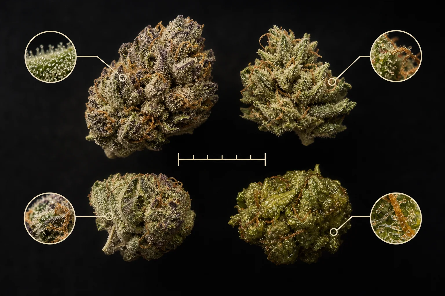 Botanical macro photos comparing different buds from the same plant, with scale and callouts for visible heterogeneity (trichome density, calyx size).