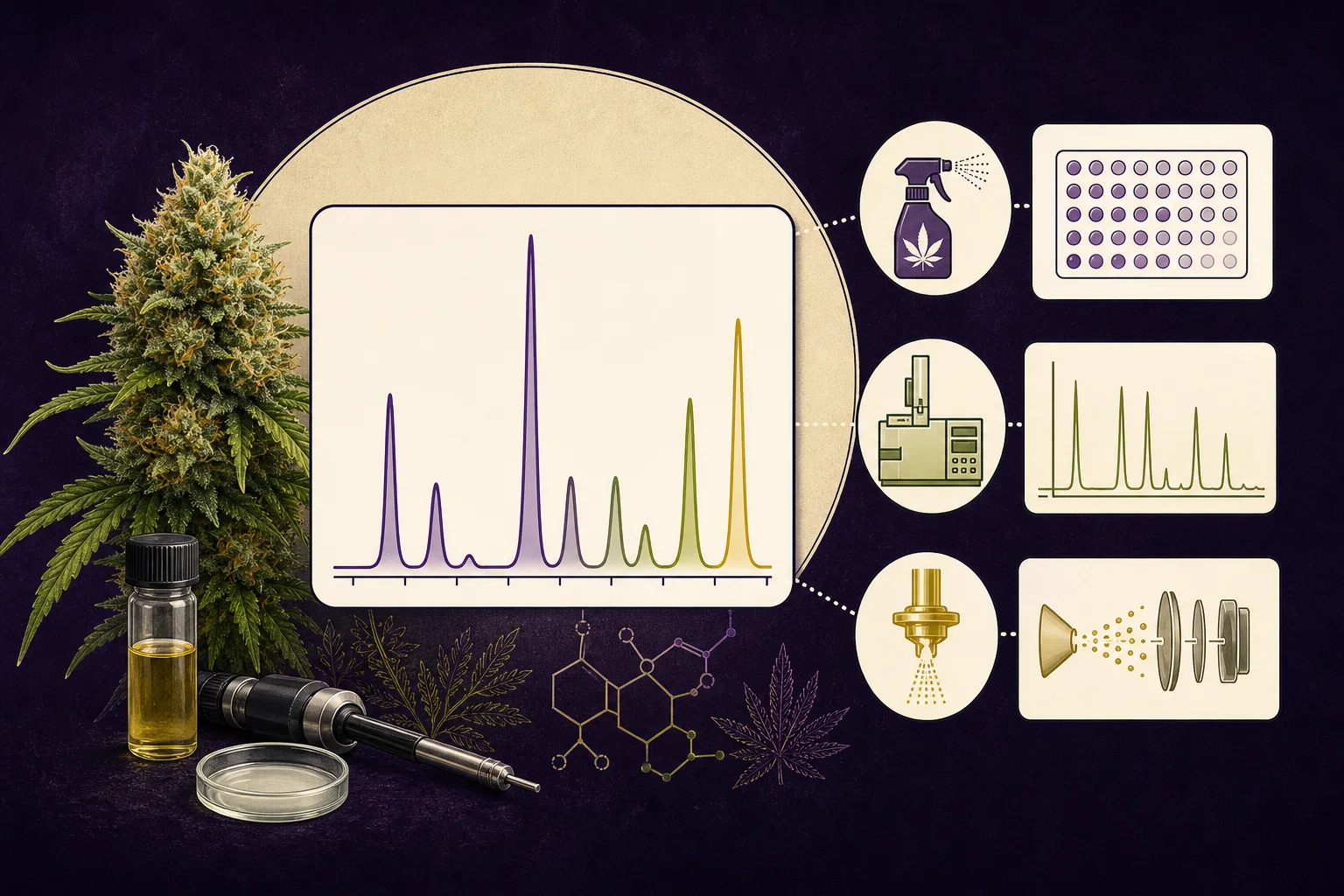 Stylized chromatogram illustration with labeled generic peaks for cannabinoids and a separate schematic for contaminant screening (no numeric axes or values).