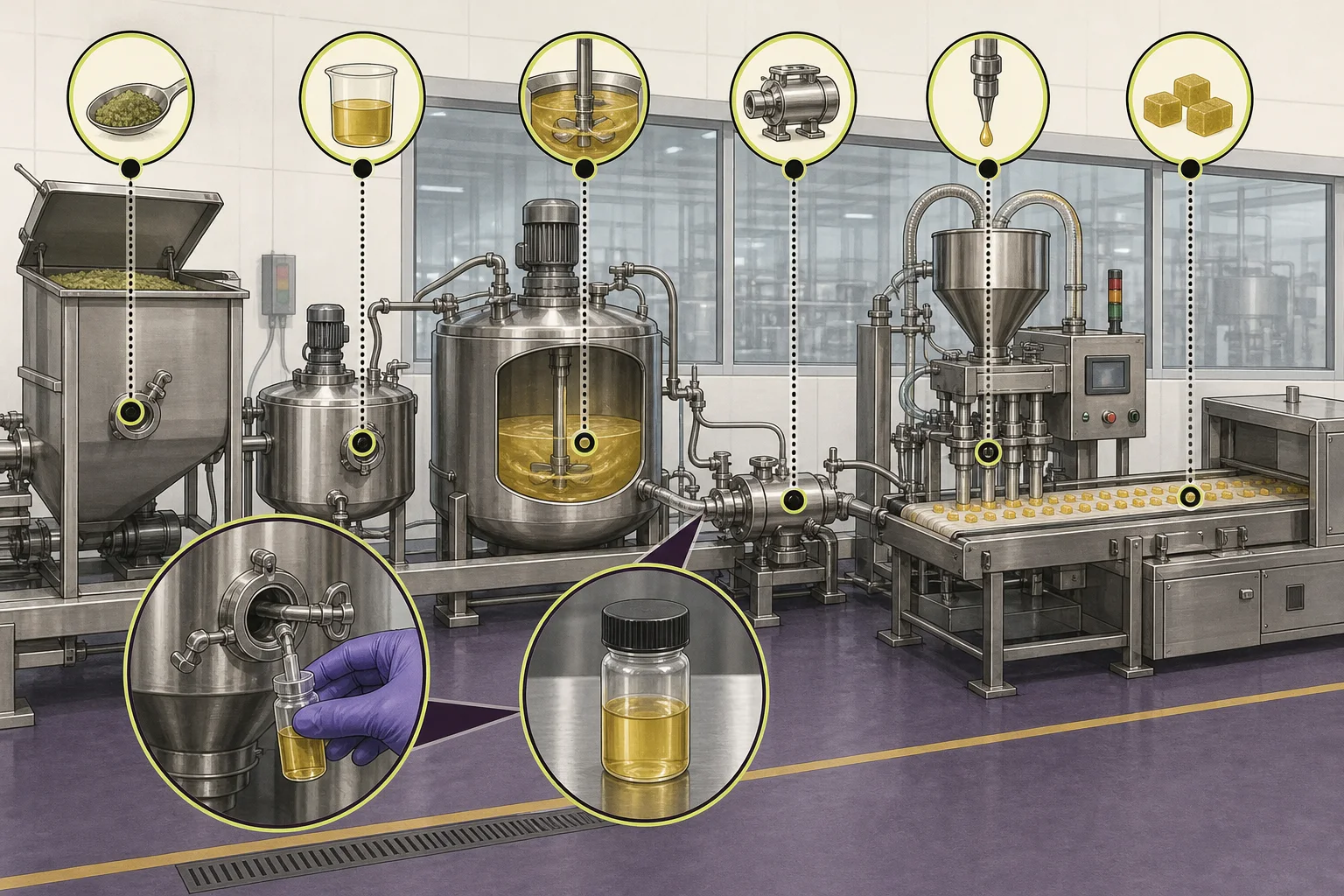 Cross‑section illustration of an edible production line showing mixing tanks, sampling ports, product fill lines, and labeled sample pull points.