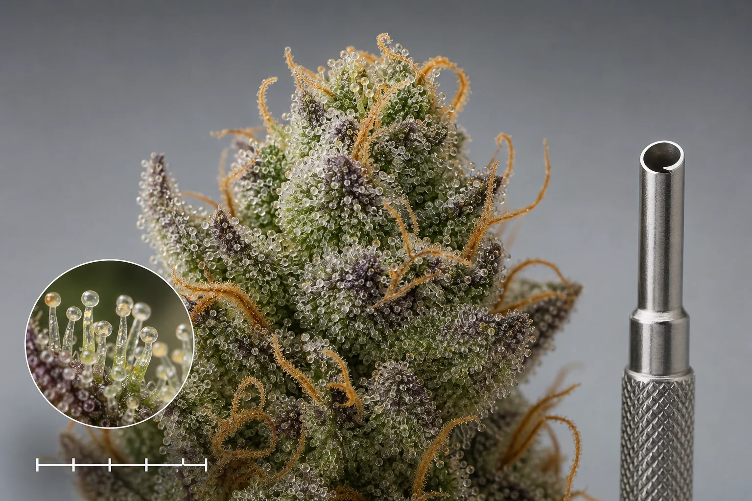 Botanical macro of cannabis trichomes with a millimeter scale bar and a micro-punch sampling tool nearby.