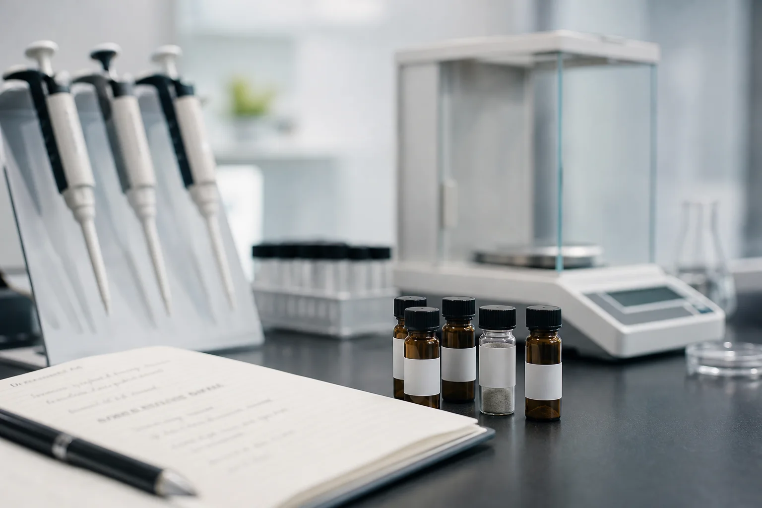 Photograph of a stack of NIST reference material vials and a lab notebook entry (blacked/blurred out) in a quality‑assurance workflow.