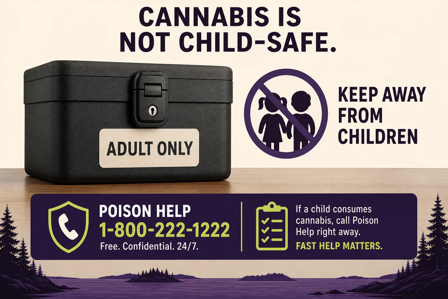 Consumer safety poster style visual: child-safe storage box with locked container, 'keep away from kids' iconography, and Poison Control number.