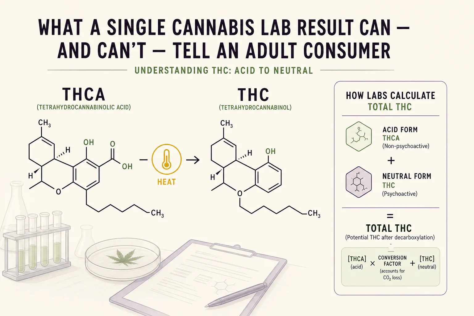 Annotated diagram showing decarboxylation conversion from THCA to THC and where 'total THC' calculations come from.