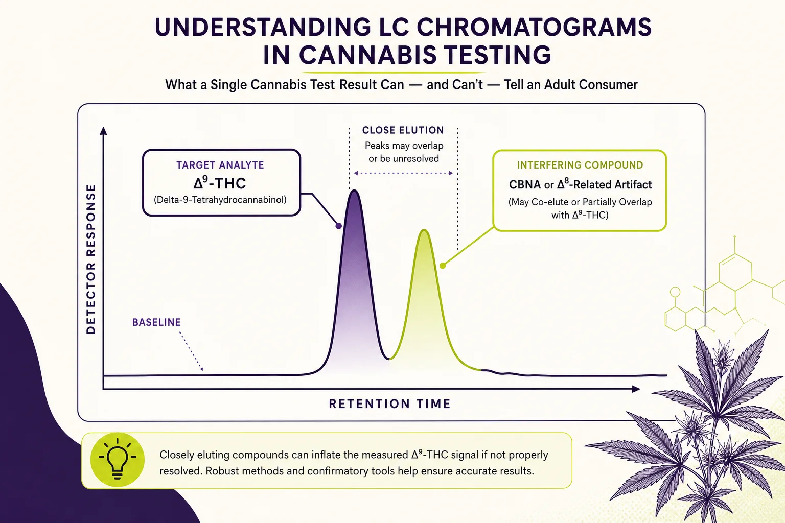 High-resolution LC chromatogram illustration showing two close peaks and a labeled interference (not real data) to teach chromatographic separation issues