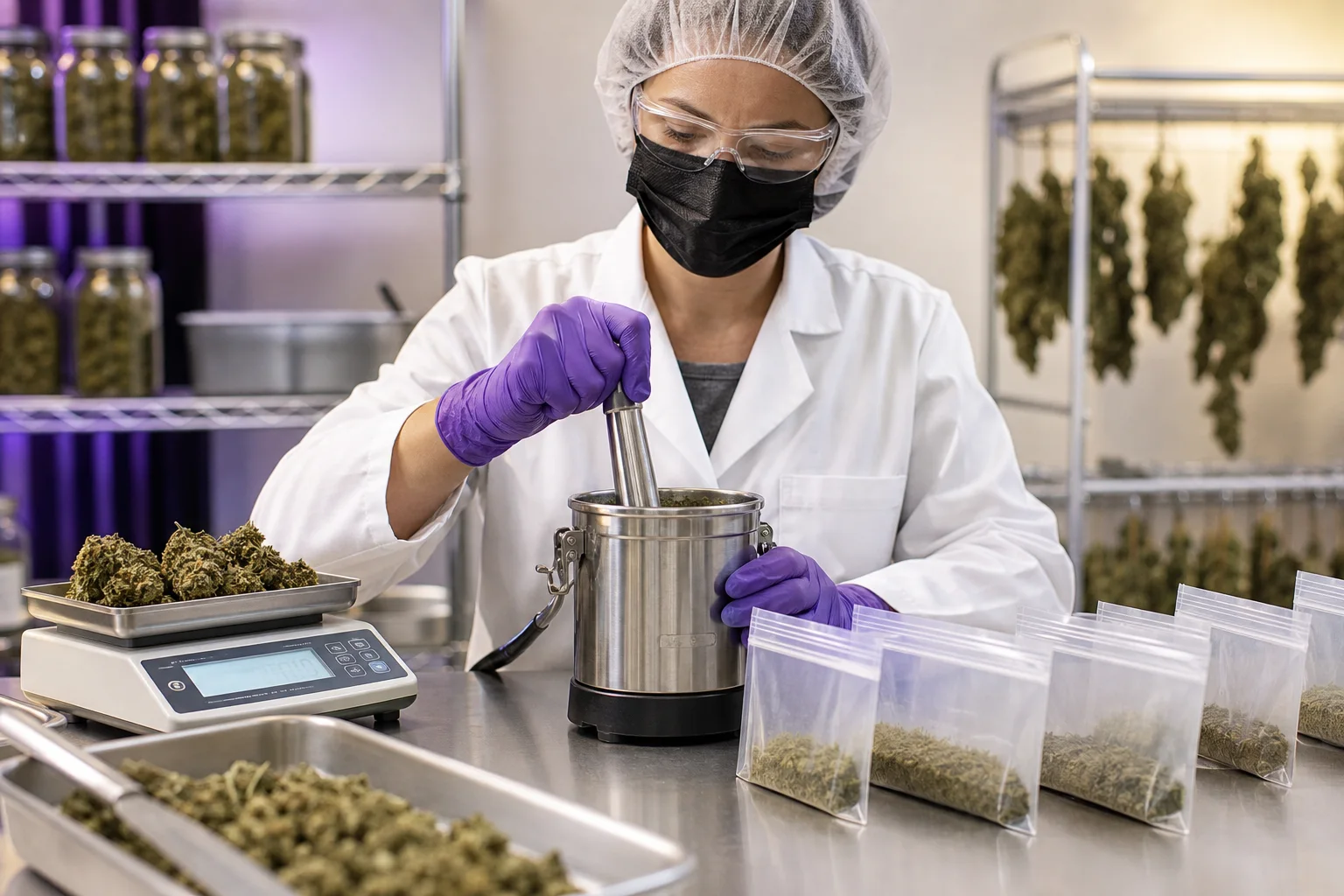 Photograph of homogenization and subsampling: a technician using a scaled, sealed container and grinder to make a composite sample for testing