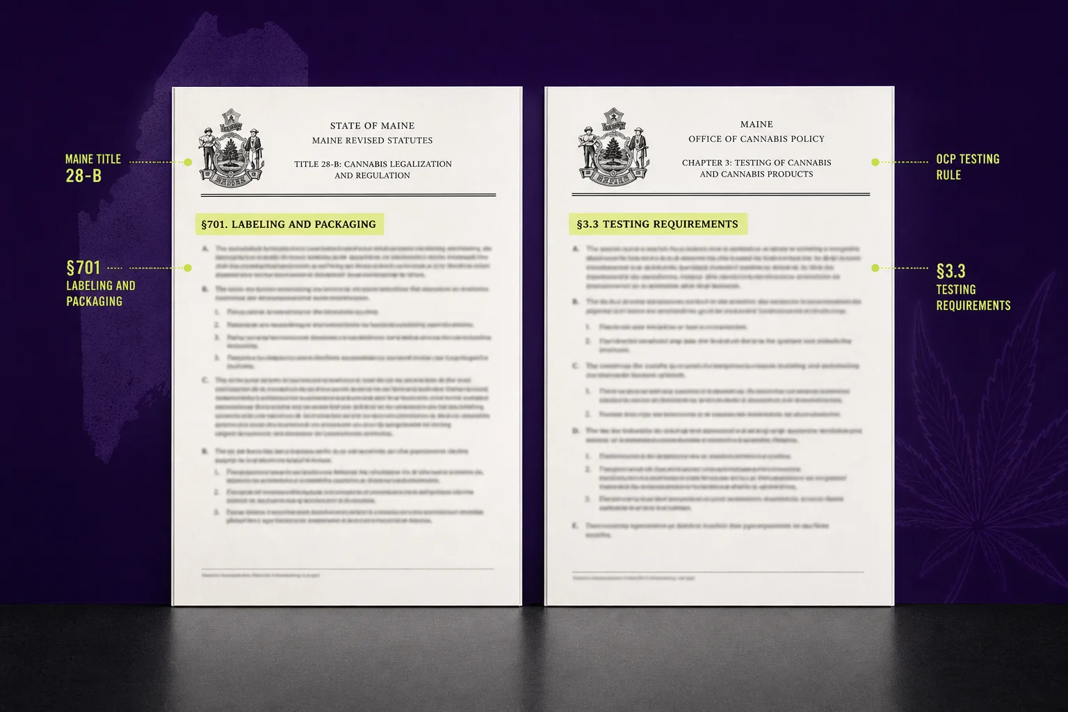 Screenshot-style archival image of a Maine statute page and an OCP rule document page side by side, highlighted sections for labeling and testing rules.