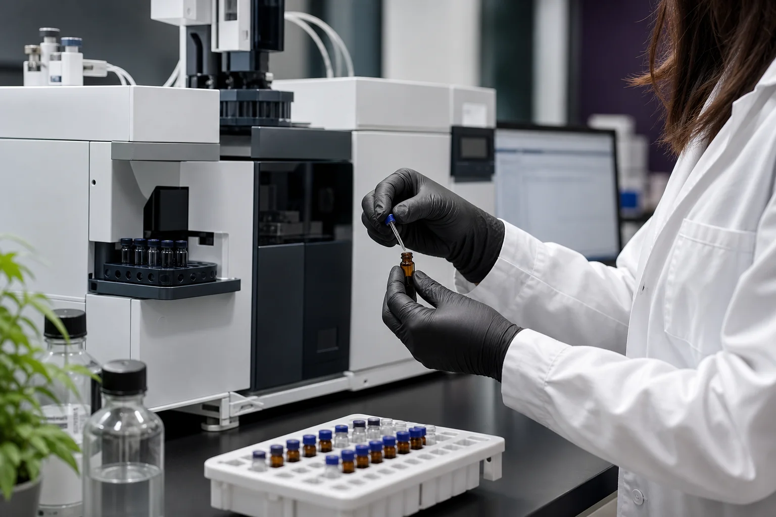 Laboratory bench scene showing chromatography instruments, labeled vials, and a technician’s gloved hand preparing a sample (no readable screens).