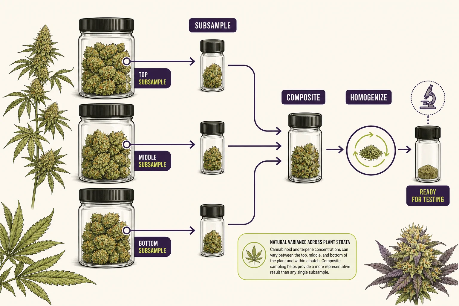 Diagram showing how a single sample is taken from a batch of dried cannabis flower to create a homogenized test sample.