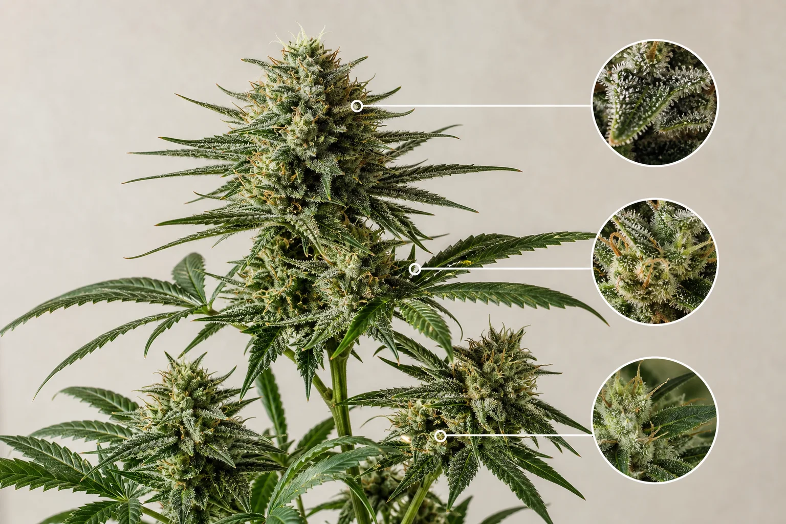 Macro botanical photo of a cannabis plant showing top cola, middle branch, and lower branches annotated for typical cannabinoid variation.