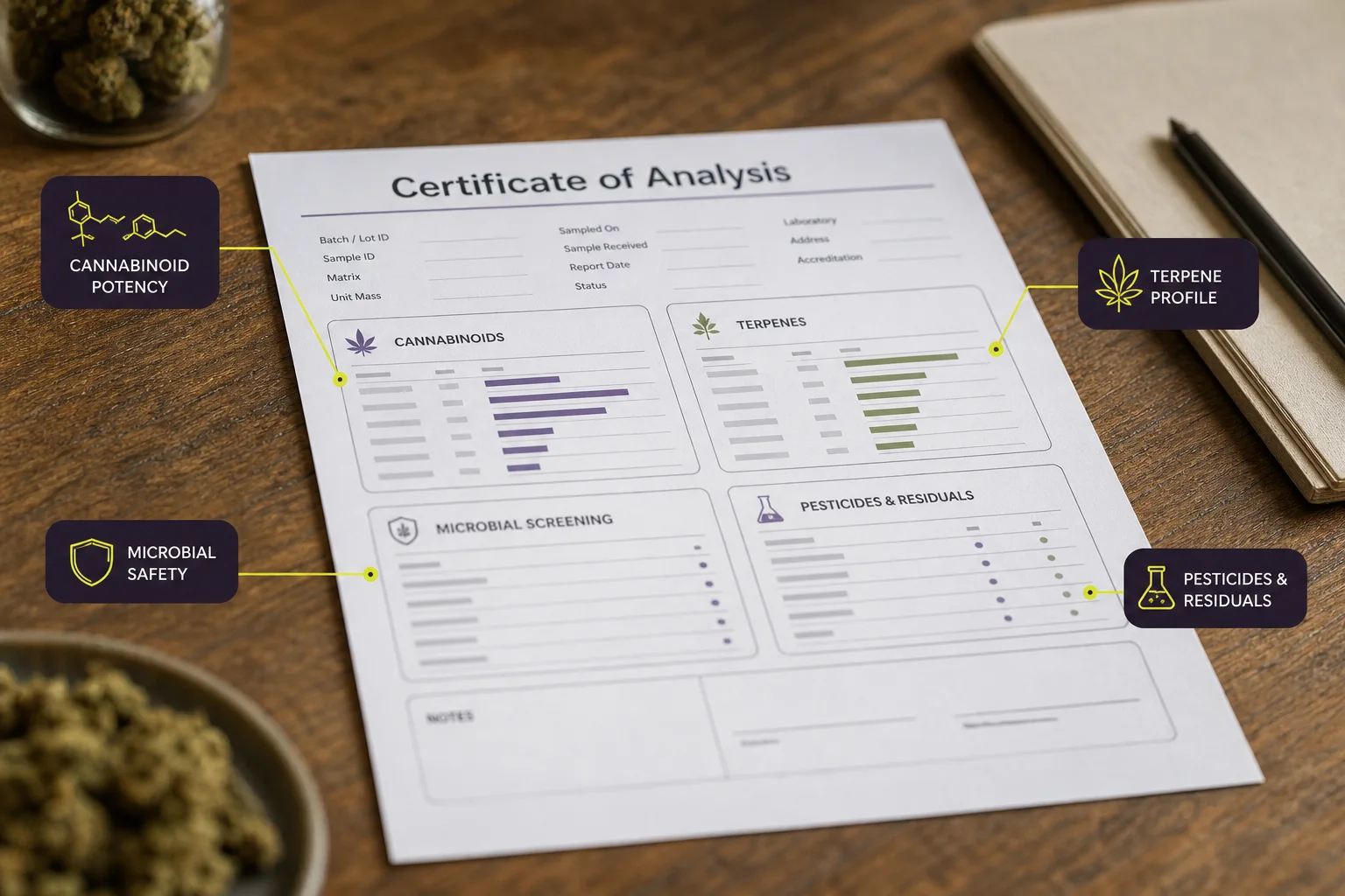 Close-up of a Certificate of Analysis printed with labeled sections for cannabinoids, terpenes, and safety tests (blurred lab identifiers).