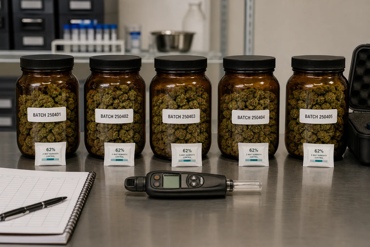 Photograph of packaged jars with headspace measurement devices and small desiccant/humidity packets, labeled for batch tracking
