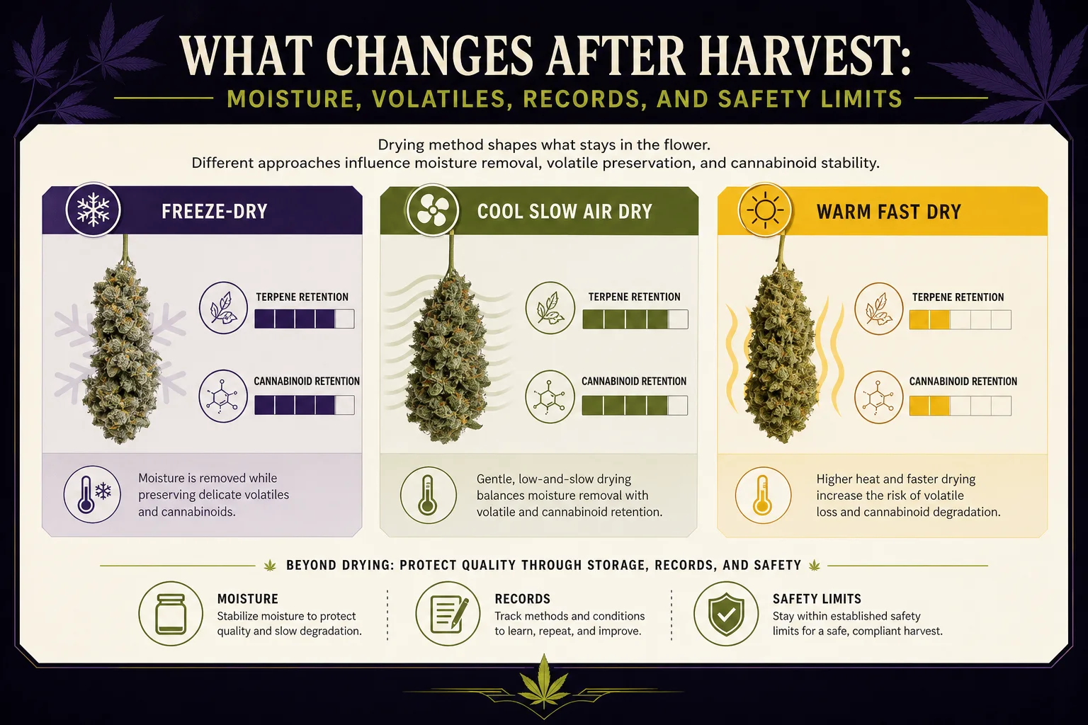 Comparative bar illustration showing terpene loss across drying methods (freeze-dry, cool slow air, warm fast) without numeric labels