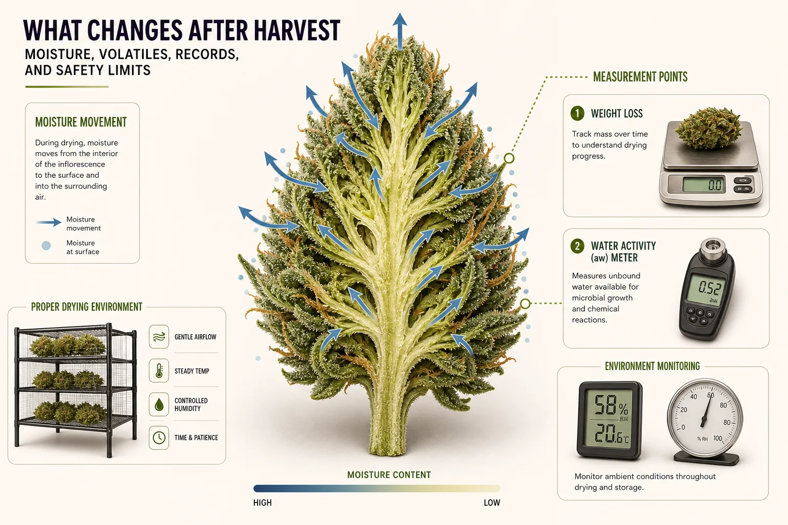 Diagram showing moisture gradients in a drying bud and instruments to measure weight loss and water activity