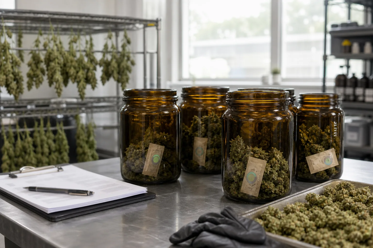 Photograph of a small‑batch production logbook page (blurred non‑readable fields) beside jars with RH buffers.