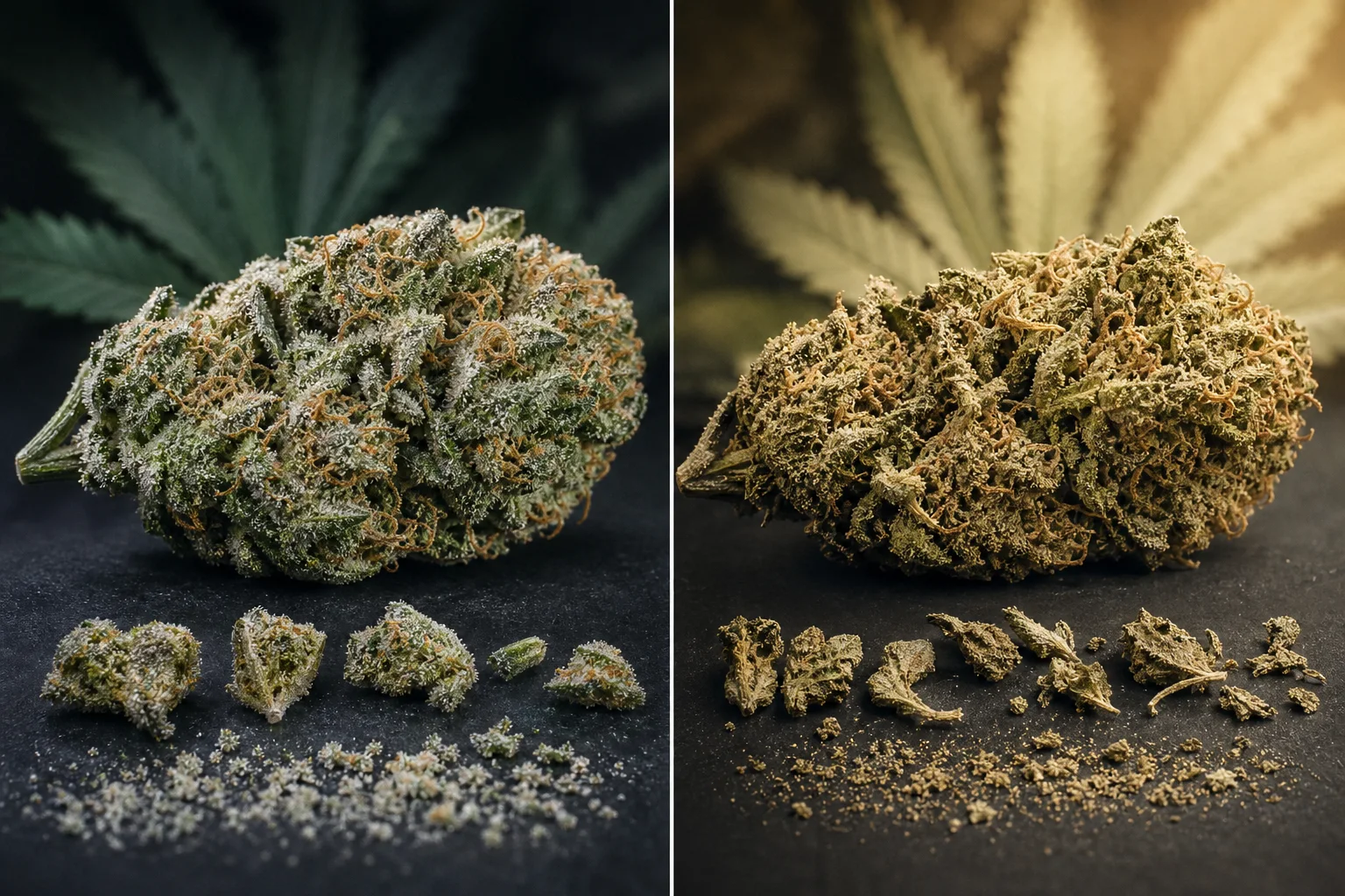 Comparative archival images: a cured bud under normal light and the same bud after UV/heat exposure (illustrative, controlled), showing color and trichome differences.