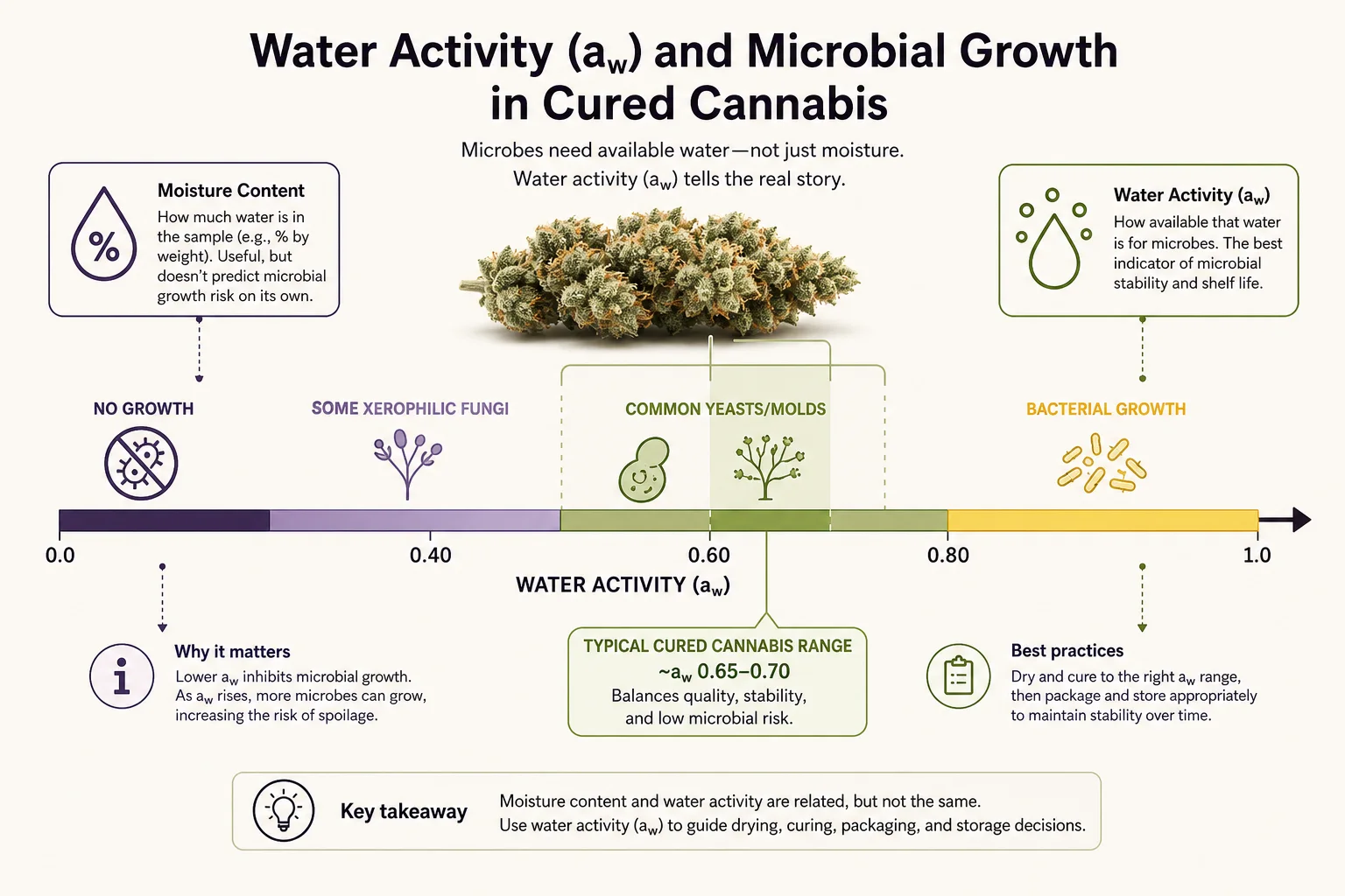 Diagram of water activity vs microbial growth zones with cannabis-relevant moisture bands annotated.
