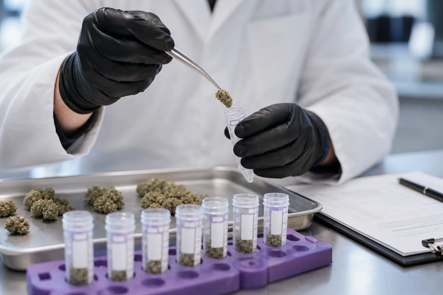 Macro photograph of a laboratory technician subsampling multiple small cannabis buds into labeled tubes.