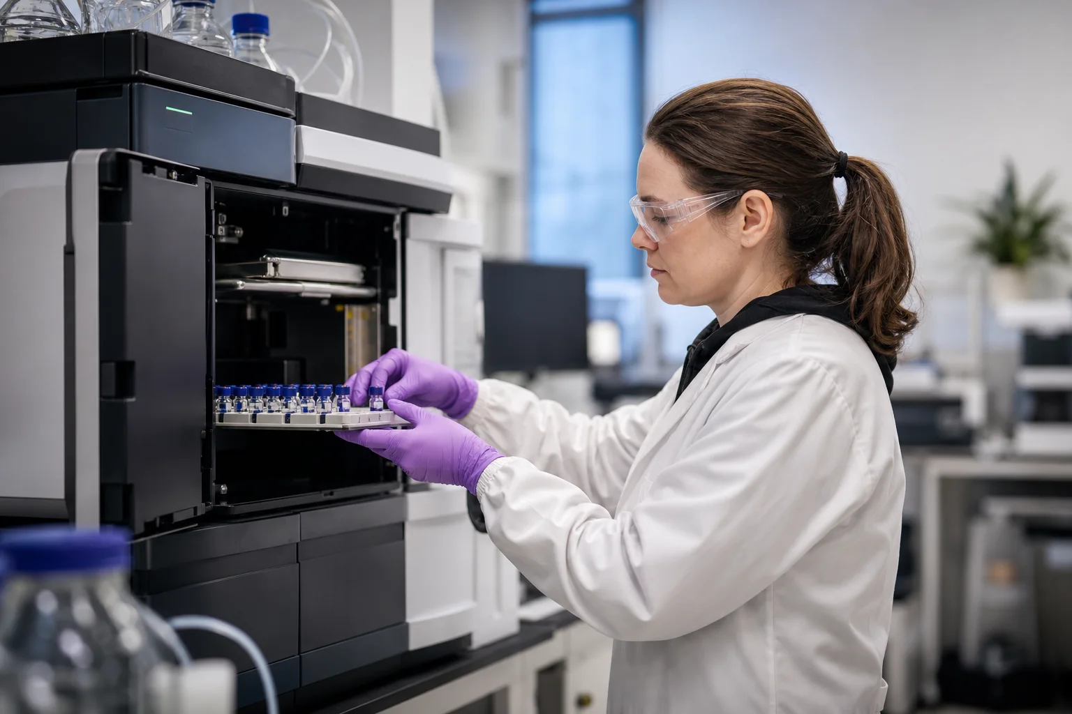 Photograph of a liquid chromatography instrument (LC) in a testing laboratory with a scientist preparing vials; instrument display is out of focus.