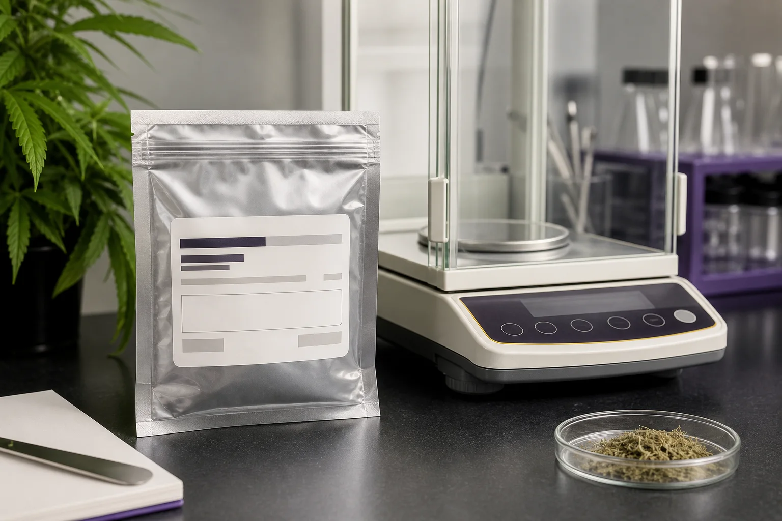 Photograph and close-up of NIST RM 8210 packaging (sealed mylar bag and RM label) next to a small analytic balance.