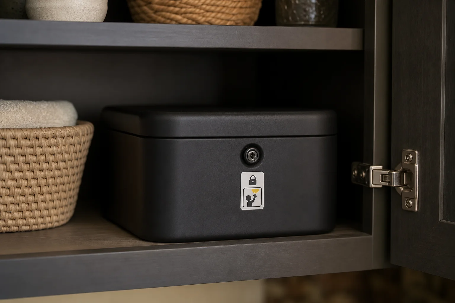 Photograph of a locked, opaque storage container inside a household cabinet with a visible child‑resistant label on the container.