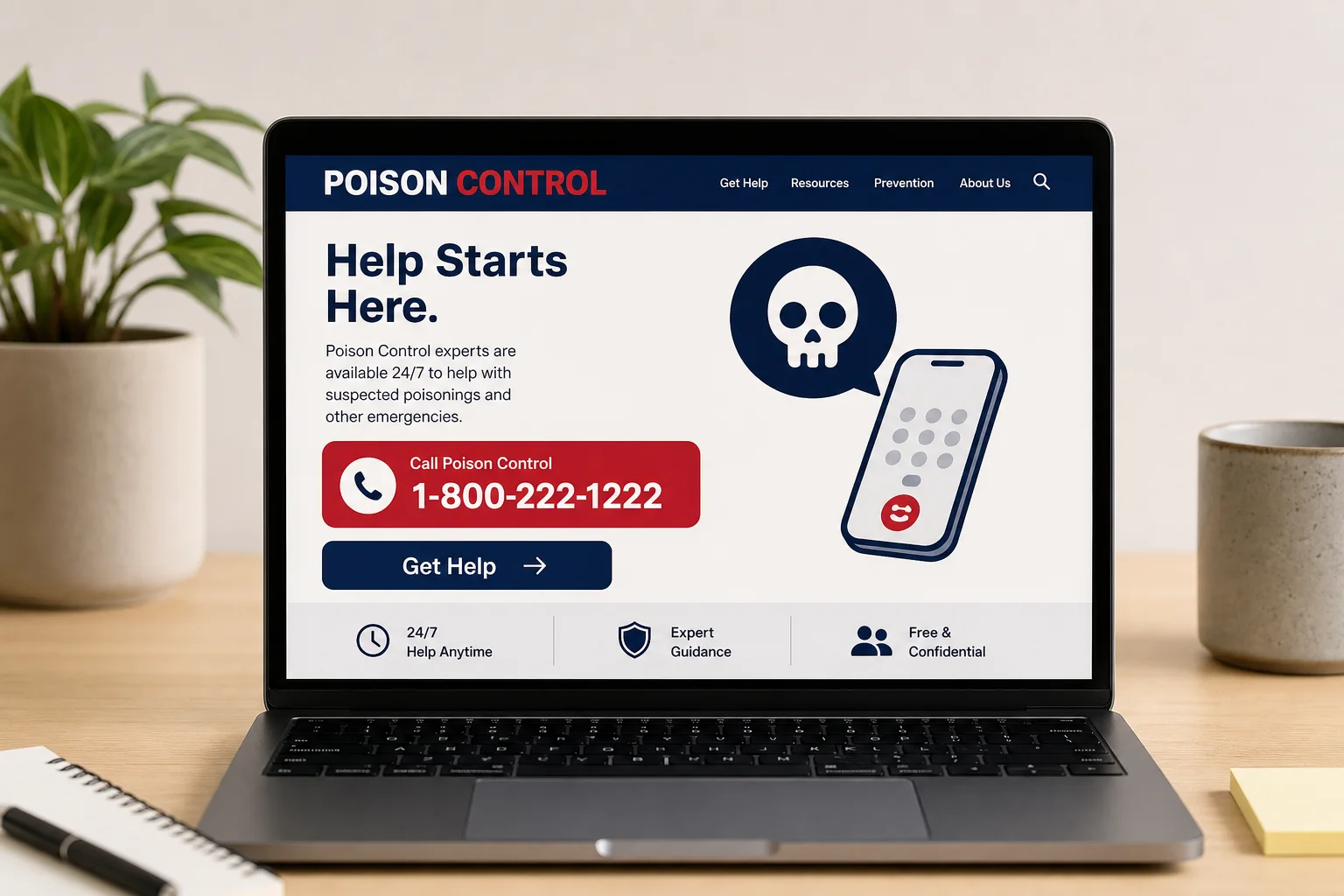 Screenshot-style capture of the Poison Control webPOISONCONTROL homepage showing immediate help information (non‑clickable mockup) and the 1‑800‑222‑1222 number.