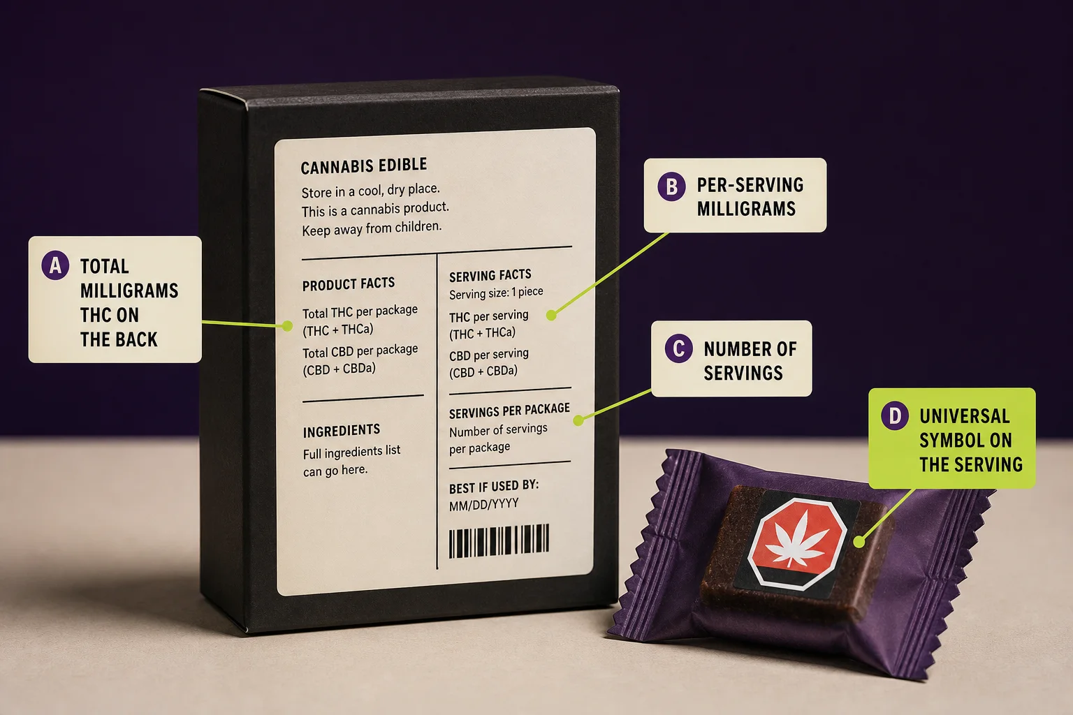 Photograph of a retail edible package with callouts to label fields: total THC, per‑serving THC, serving count, and universal symbol; calls out where to check single‑serving markings.